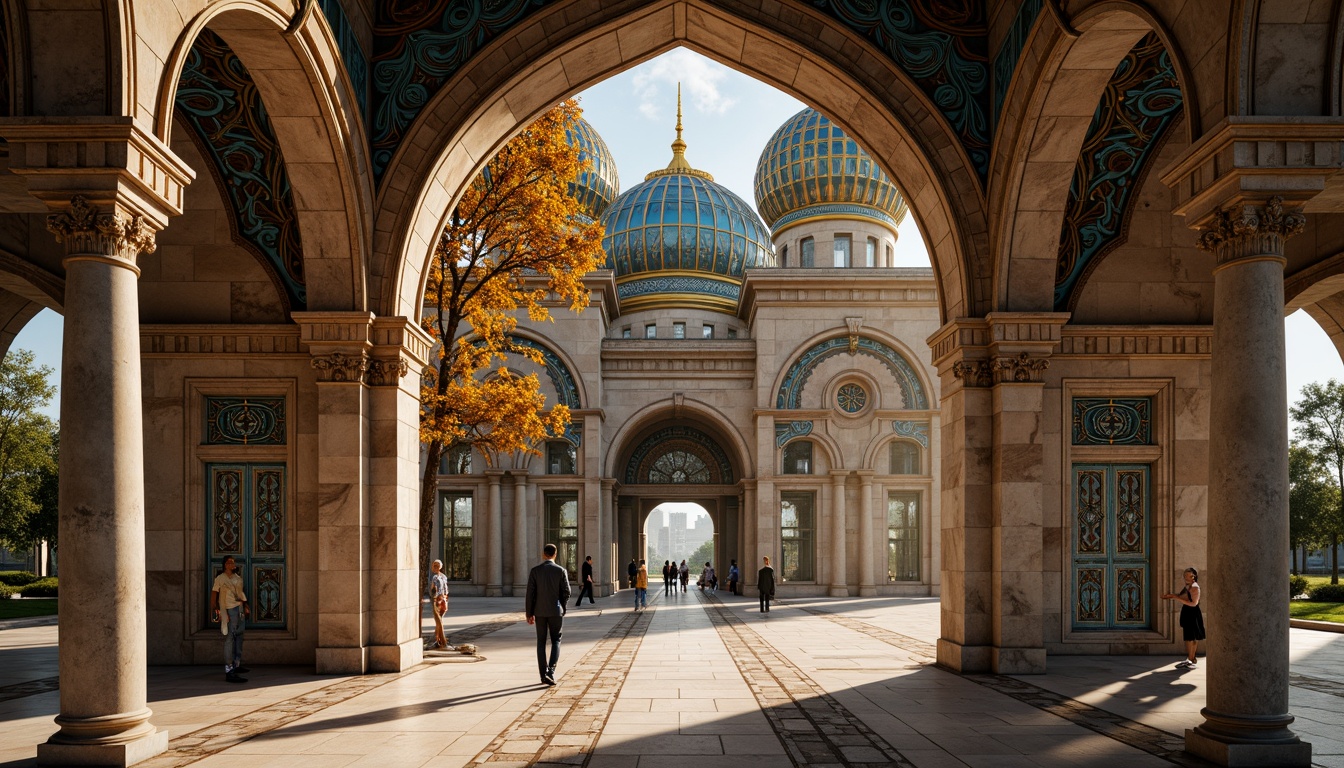 Prompt: Byzantine-inspired gymnasium facade, ornate stone carvings, golden domes, grand archways, intricate mosaics, vibrant blue accents, imposing columns, rich marble textures, ornamental metalwork, mystical ambiance, warm afternoon lighting, dramatic shadows, 1/1 composition, symmetrical framing, high-contrast rendering, realistic atmospheric effects.