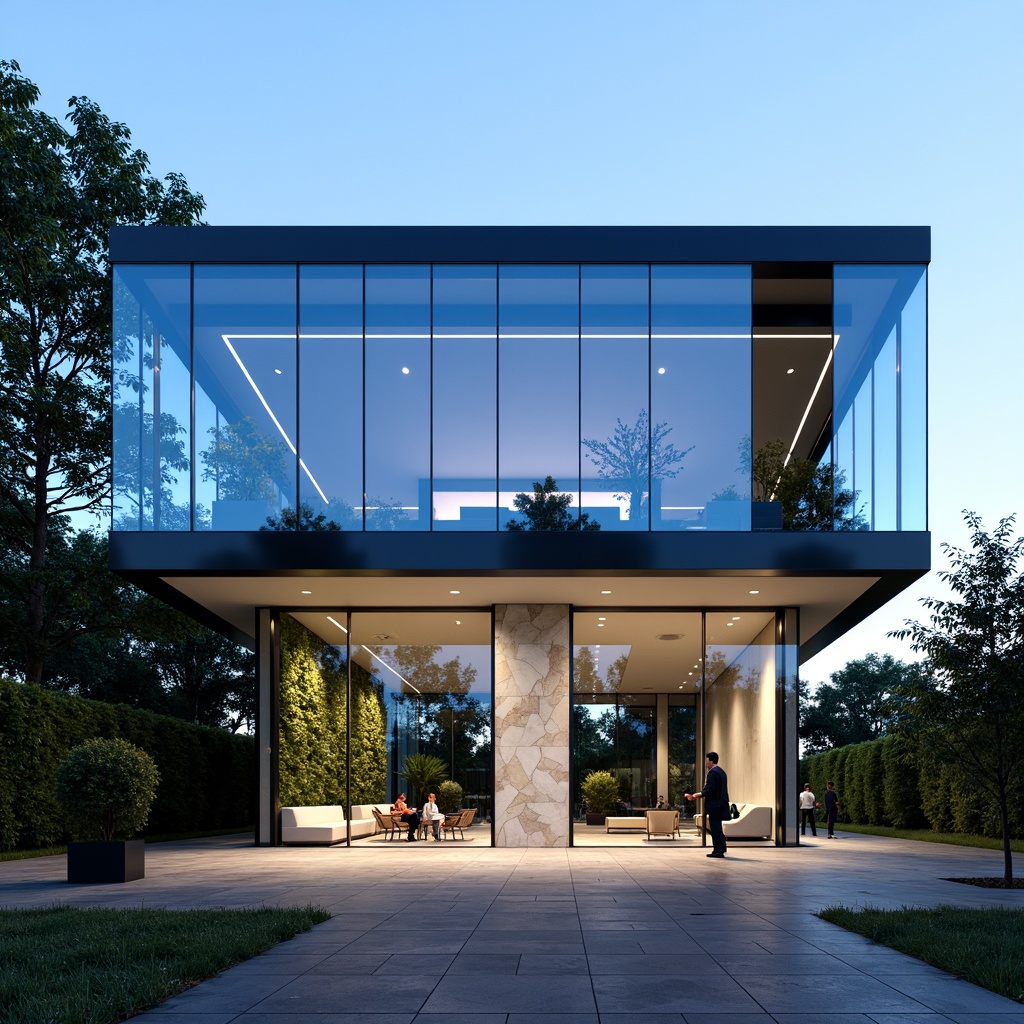 Prompt: Modern dental clinic facade, sleek glass surfaces, minimalist lines, calming blue hues, natural stone walls, LED lighting accents, geometric patterns, futuristic aesthetic, cantilevered rooflines, vertical green walls, sustainable materials, energy-efficient systems, spacious waiting areas, floor-to-ceiling windows, panoramic views, shallow depth of field, 3/4 composition, realistic textures, ambient occlusion.