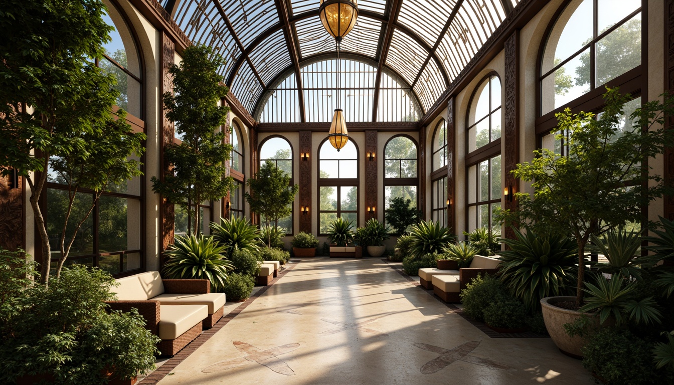 Prompt: Luxurious Art Deco greenhouse, ornate metal frameworks, stained glass ceilings, decorative ironwork, lavish vegetation, exotic plants, tropical flowers, natural stone floors, polished marble accents, geometric patterned tiles, bronze hardware, opulent chandeliers, soft warm lighting, dramatic shadows, 3/4 composition, symmetrical framing, elegant curves, luxurious textures, ambient occlusion.