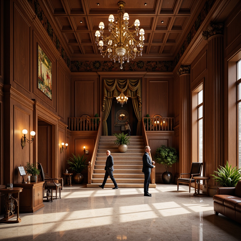 Prompt: Elegant museum interior, sophisticated academic style, refined wooden paneling, polished marble floors, subtle warm lighting, softbox diffusers, track lights, accent spotlights, dramatic high ceilings, ornate chandeliers, grand staircases, luxurious velvet drapes, intricate moldings, neutral color palette, soft shadows, ambient illumination, 1/1 composition, shallow depth of field, realistic textures, atmospheric rendering.