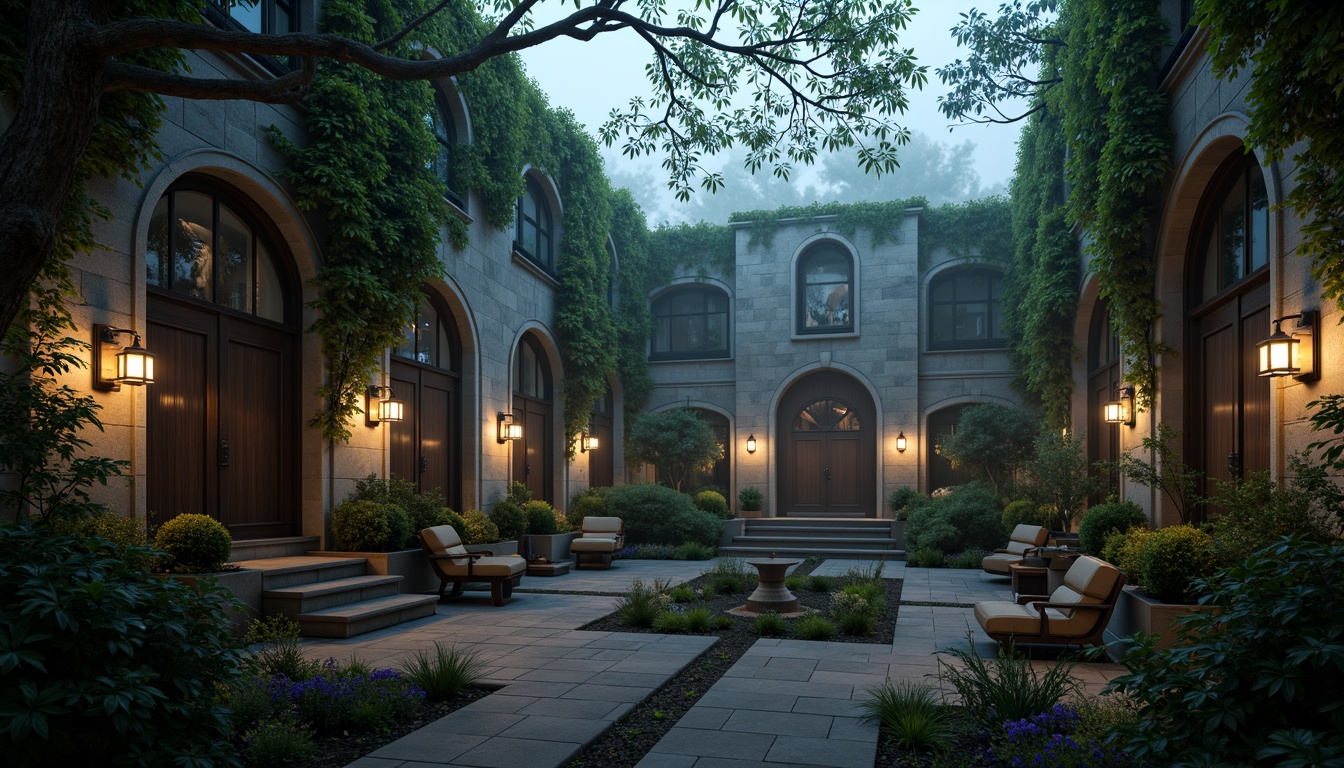 Prompt: \Mysterious office courtyard, overgrown ivy, twisted tree branches, foggy misty morning, eerie dim lighting, ancient stone walls, pointed arches, ribbed vaults, stained glass windows, heavy iron doors, intricate carvings, mysterious statues, lush greenery, moss-covered pathways, winding stone stairs, grand fountain, dramatic spotlights, cinematic composition, atmospheric perspective, rich textures, subtle animations.\Let me know if this meets your expectations!