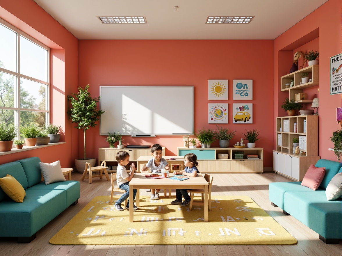 Prompt: Vibrant kindergarten classrooms, bright coral walls, turquoise furniture, yellow educational posters, playful alphabet rugs, soft pastel-colored pillows, wooden learning tables, ergonomic chairs, greenery-filled planters, natural light pouring in, warm beige flooring, modern minimalist decor, abstract geometric patterns, inspirational quote decals, interactive whiteboards, cozy reading nooks, 1/1 composition, shallow depth of field, softbox lighting, realistic textures.