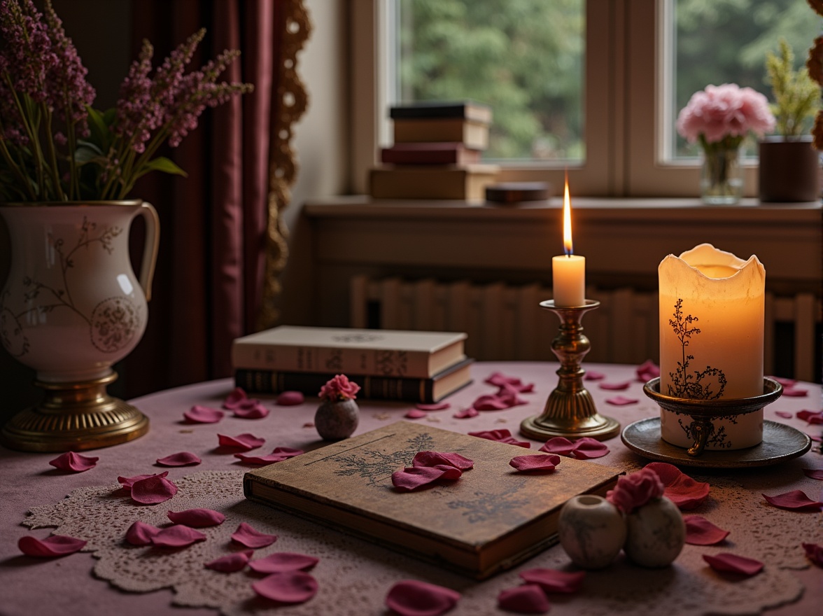 Prompt: Soft warm candlelight, rich velvet fabrics, muted rose petals, dusty lavender hues, worn leather-bound books, antique gold ornaments, mysterious forest mist, whimsical watercolor textures, faded vintage lace, subtle berry shades, distressed wooden accents, mystical moonlit nights, delicate porcelain vases, intricate floral patterns, ornate bronze fixtures, warm beige stone walls, dreamy soft focus, shallow depth of field, 1/2 composition, intimate atmosphere.