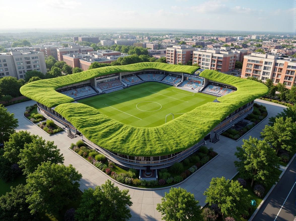 Prompt: Lush green roofs, thriving vegetation, stadium architecture, curved lines, modern design, sustainable materials, eco-friendly infrastructure, rainwater harvesting systems, grey water reuse, solar panels, wind turbines, recycled rubber surfaces, urban agriculture, biodiversity conservation, natural habitats, vibrant wildflowers, dynamic lighting, shallow depth of field, 1/2 composition, panoramic view, realistic textures, ambient occlusion.