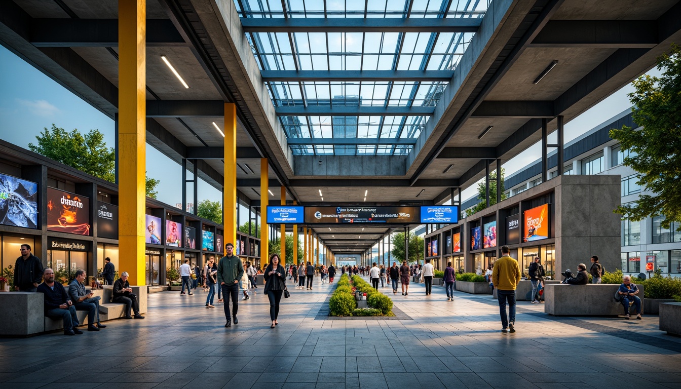 Prompt: Vibrant bus station, urban landscape, modern architecture, bold color scheme, bright yellow accents, deep blue signage, neutral gray concrete, sleek metal beams, industrial-style lighting, bustling crowd, morning commute, natural stone flooring, glass roof, greenery walls, dynamic LED displays, futuristic digital screens, abstract geometric patterns, warm ambient lighting, shallow depth of field, 3/4 composition.