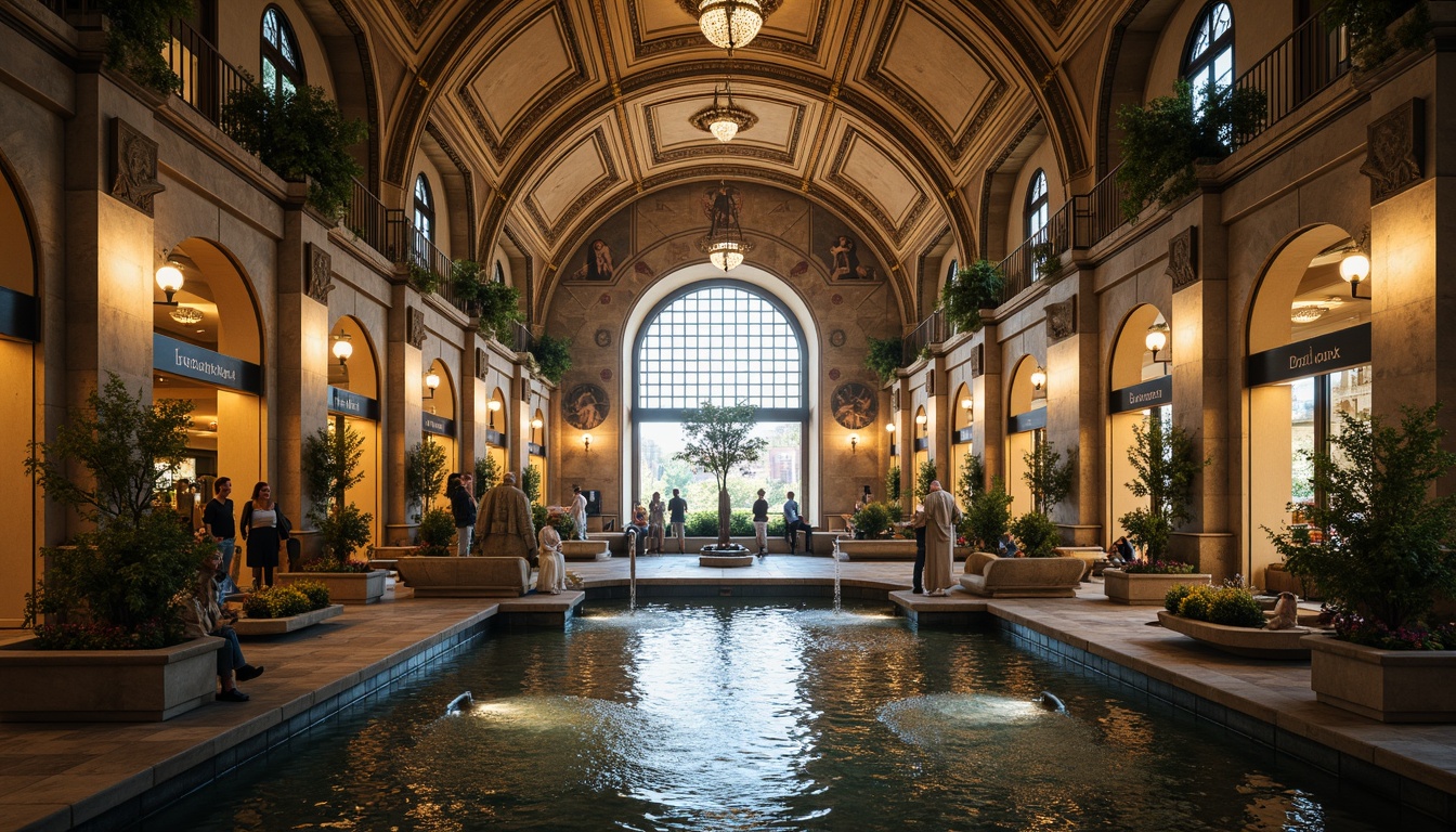 Prompt: Grandiose metro station, Romanesque architecture, ornate stone carvings, majestic archways, vaulted ceilings, intricate mosaics, lush greenery, vibrant flowers, water features, fountains, statues, modern LED lighting, warm ambiance, shallow depth of field, 1/1 composition, panoramic view, realistic textures, ambient occlusion.