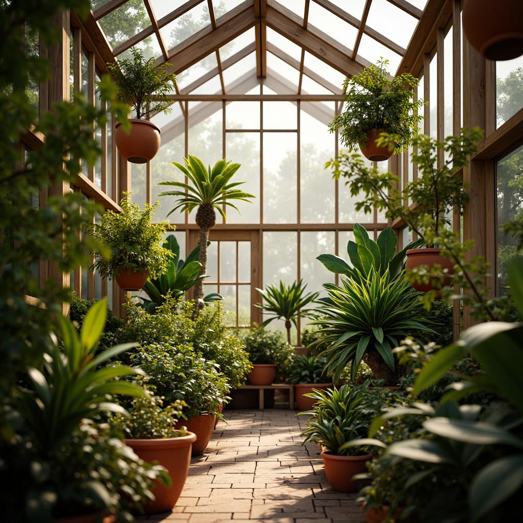 Prompt: Vibrant greenhouse interior, lush tropical plants, warm natural light, terracotta pots, wooden trellises, misty atmosphere, soft warm glow, shallow depth of field, 1/1 composition, realistic textures, ambient occlusion, vibrant color palette, bright coral hues, deep emerald greens, sunny yellow accents, rich brown earth tones, whimsical floral patterns, delicate leaf motifs.