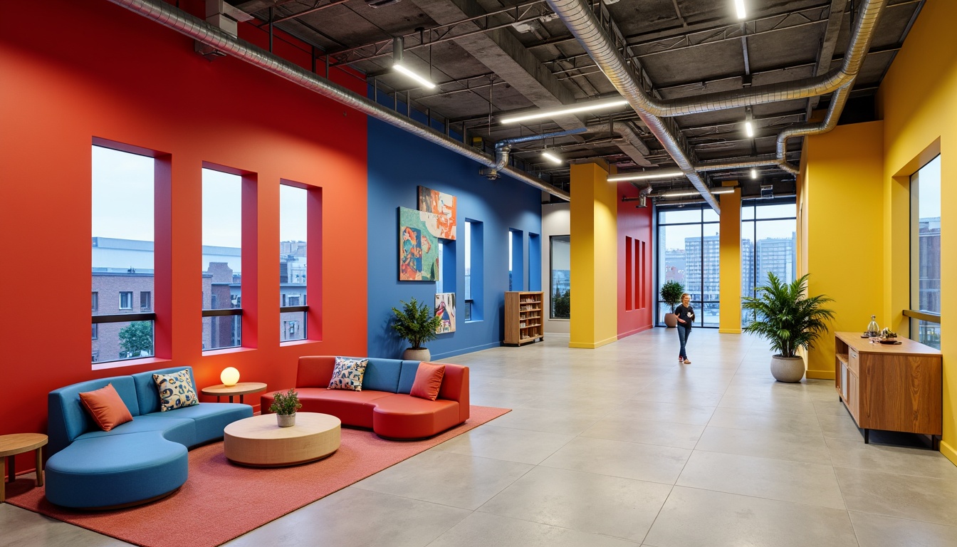 Prompt: Vibrant youth center, bold constructivist architecture, primary color scheme, bright red walls, deep blue accents, sunshine yellow pillars, white geometric patterns, industrial metal beams, exposed ductwork, urban cityscape, concrete floors, modern minimalist furniture, abstract artwork, dynamic lighting fixtures, shallow depth of field, 1/2 composition, realistic textures, ambient occlusion.