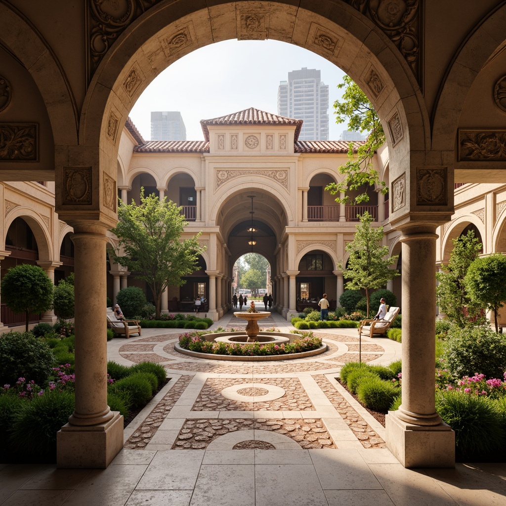 Prompt: Grand metropolitan hub, Romanesque archways, ornate stone carvings, lush greenery, vibrant flowers, meandering walkways, decorative fountains, intricate mosaics, warm golden lighting, shallow depth of field, 3/4 composition, panoramic view, realistic textures, ambient occlusion.