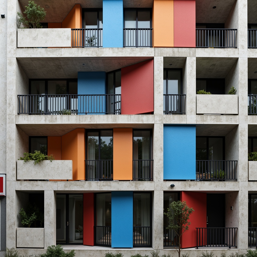 Prompt: Geometric building facade, asymmetrical composition, rectangular windows, cantilevered balconies, industrial materials, exposed steel beams, raw concrete textures, minimalist ornamentation, functional simplicity, bold color blocking, primary colors, urban cityscape, modernist architecture, brutalist elements, abstract patterns, diagonal lines, 1/1 composition, high contrast lighting, deep shadows, gritty urban atmosphere.