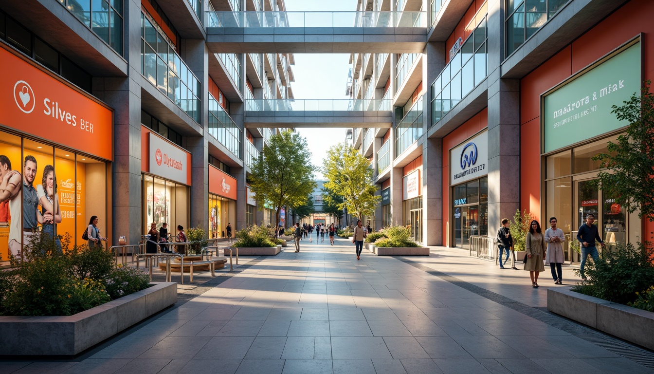 Prompt: Vibrant shopping center, modern architecture, high ceilings, natural light, LED lighting, colorful storefronts, pedestrian walkways, escalators, elevators, glass railings, marble floors, sleek metal fixtures, soft warm ambiance, morning sunlight, subtle shadows, 1/1 composition, shallow depth of field, realistic textures, ambient occlusion.