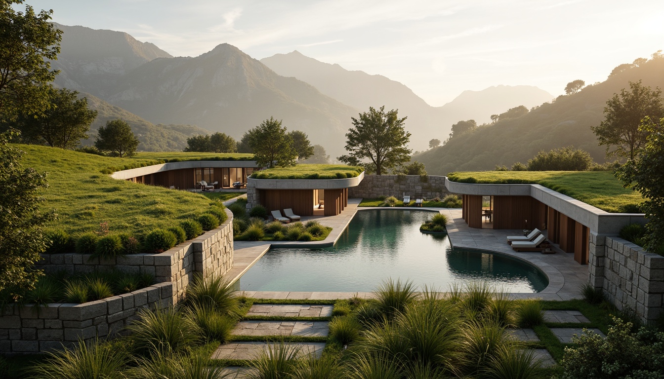 Prompt: Harmonious landscape integration, lush green roofs, natural stone walls, curved lines, organic forms, blending boundaries, seamless transitions, outdoor living spaces, infinity pools, water features, surrounding mountains, misty atmosphere, warm golden lighting, soft focus, shallow depth of field, 1/1 composition, panoramic view, realistic textures, ambient occlusion.