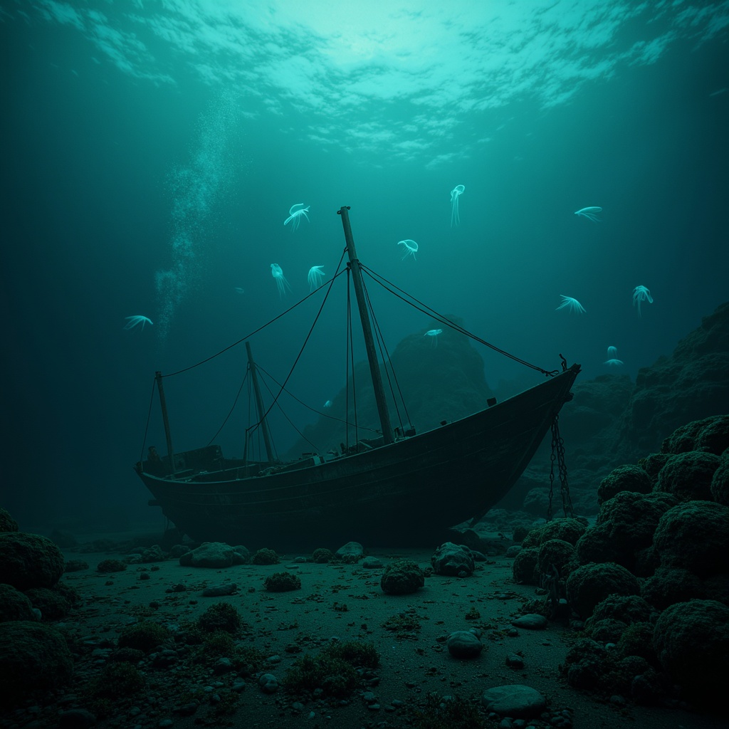 Prompt: Mysterious underwater scene, dark cyan misty atmosphere, eerie glowing jellyfish, abandoned sunken shipwreck, rusty metal debris, coral reef formations, subtle ocean currents, soft diffused lighting, low-key contrast, cinematic mood, ominous tone, mysterious ambiance, 3/4 composition, shallow depth of field, panoramic view, realistic textures, ambient occlusion.