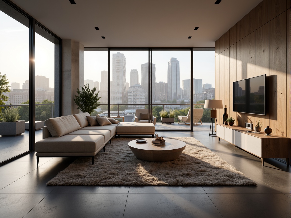 Prompt: Modern living room, sleek lines, minimalist decor, neutral color palette, functional furniture, sectional sofas, coffee tables, floor lamps, plush area rugs, large windows, natural light, sliding glass doors, urban city view, 1/1 composition, soft warm lighting, shallow depth of field, realistic textures, ambient occlusion.