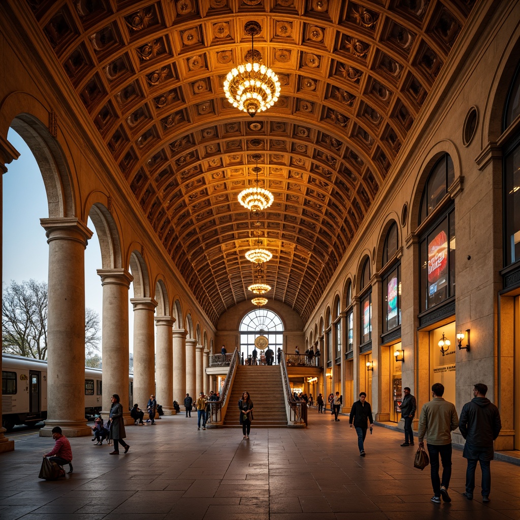 Prompt: Grand metro station, ornate archways, Romanesque columns, vaulted ceilings, intricate stone carvings, majestic entrance halls, sweeping staircases, elegant chandeliers, warm golden lighting, rich terracotta hues, rustic brick textures, historic architectural references, urban cityscape views, busy pedestrian traffic, modern transportation systems, sleek train lines, vibrant advertisements, shallow depth of field, 1/2 composition, realistic ambient occlusion.