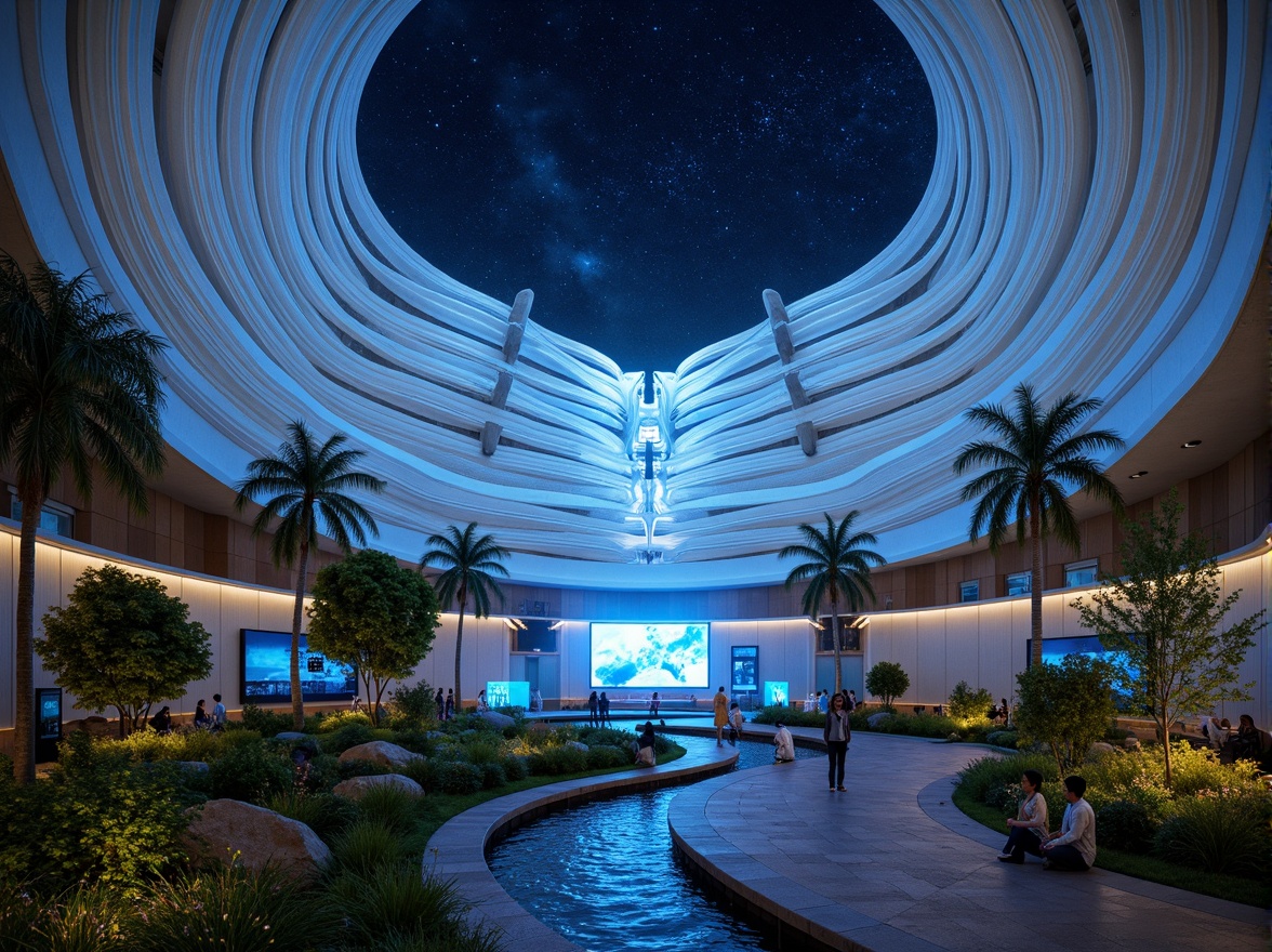 Prompt: Celestial planetarium dome, organic architecture, undulating curves, translucent membranes, starry night sky, soft glowing lights, misty atmosphere, lush greenery, winding water features, natural stone walls, futuristic technology integration, interactive exhibits, 360-degree immersive experience, ambient soundscape, shallow depth of field, panoramic view, realistic textures, vibrant colorful accents, intricate geometric patterns.