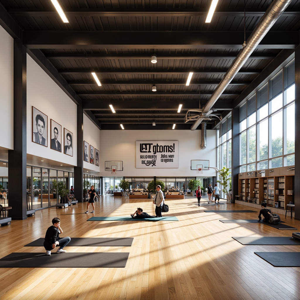 Prompt: Modern gym interior, spacious open layout, polished wooden floors, mirrored walls, professional sports equipment, basketball hoops, volleyball nets, exercise machines, free weights, yoga mats, athletic lockers, motivational quotes, natural light, high ceilings, industrial-style lighting, sleek metal beams, minimalist decor, functional storage solutions, accessible ramps, adaptive fitness areas, inclusive accessibility features, vibrant color scheme, dynamic spatial flow, 1/1 composition, softbox lighting, realistic textures.