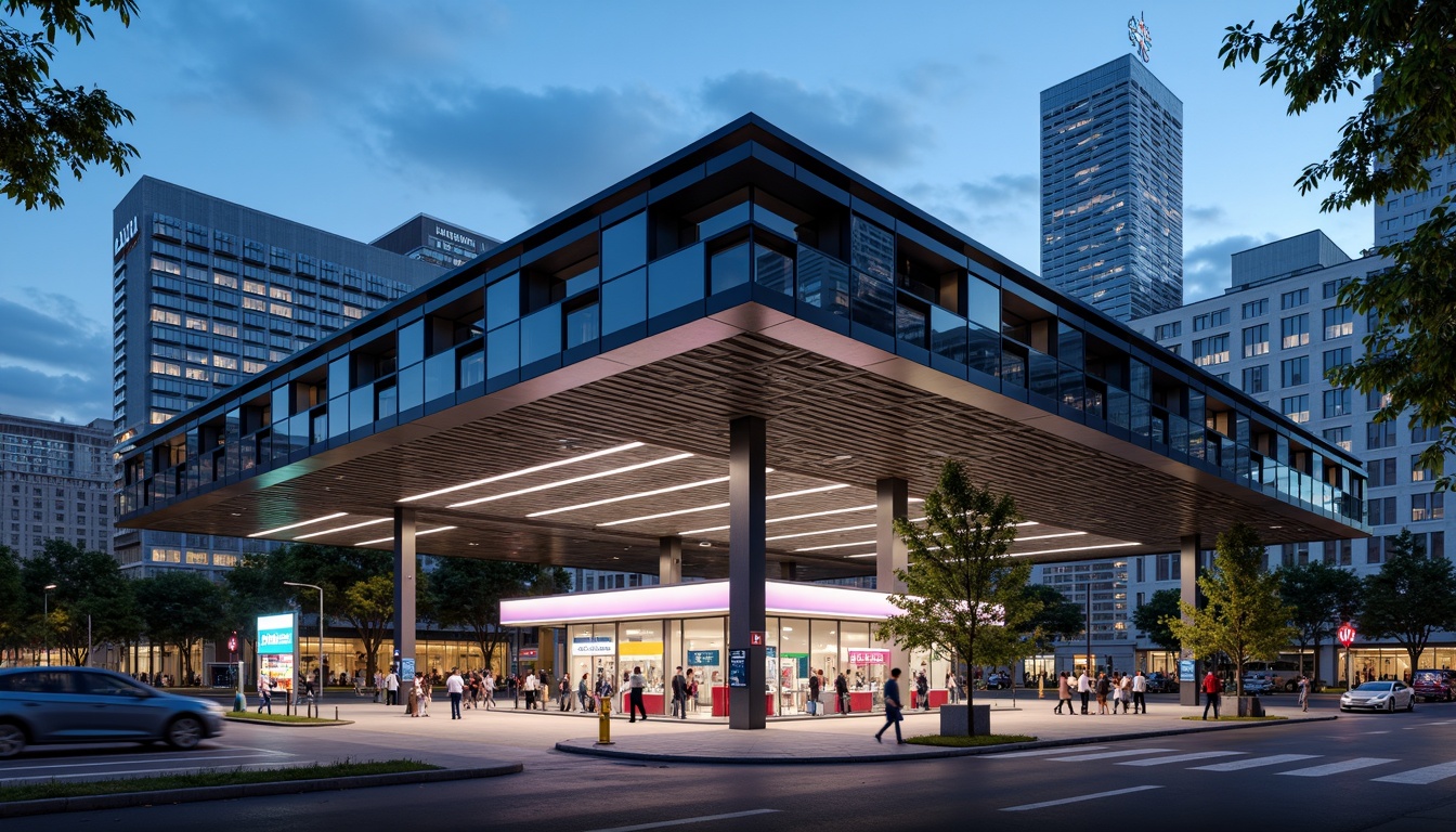 Prompt: Modern gas station, sleek metal facade, angular lines, neon signage, futuristic architecture, LED lighting displays, dynamic color schemes, cantilevered canopies, minimalist design, eco-friendly materials, solar panels, green roofs, innovative ventilation systems, urban cityscape, busy streets, daytime scene, shallow depth of field, 3/4 composition, panoramic view, realistic textures, ambient occlusion.