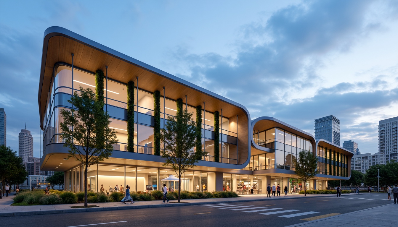 Prompt: Streamlined modern school building, large curved windows, sleek metal frames, minimal ornamentation, open floor plans, collaborative learning spaces, natural wood accents, polished concrete floors, dynamic LED lighting, futuristic fa\u00e7ade design, cantilevered roofs, vertical green walls, urban cityscape background, cloudy blue sky, soft diffused light, 1/1 composition, realistic glass reflections, ambient occlusion.