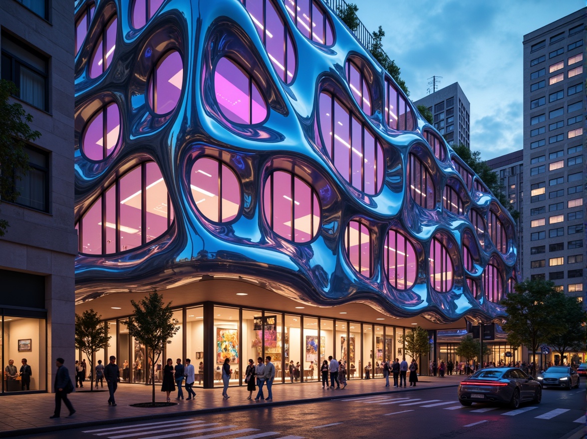 Prompt: Organic blob-shaped buildings, futuristic facade design, iridescent colors, glowing LED lights, wavy patterns, amoeba-inspired structures, undulating curves, translucent materials, 3D printed components, parametric architecture, algorithmic designs, soft focus, shallow depth of field, warm ambient lighting, cinematic atmosphere, 1/1 composition, dramatic shadows, high-tech gadgets, sleek metallic accents, holographic displays.