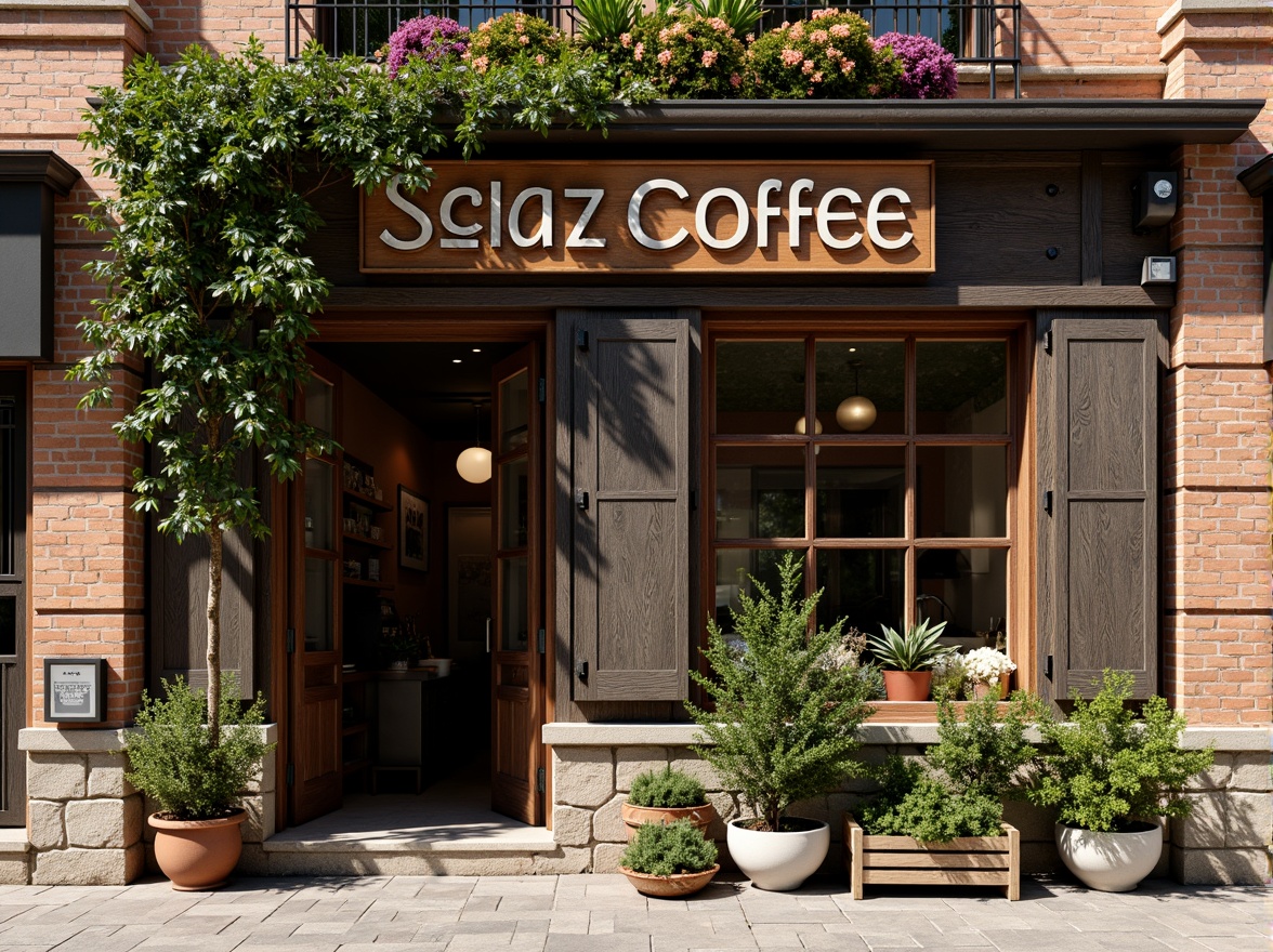 Prompt: Cozy coffee shop facade, rustic brick walls, wooden accents, vintage metal signage, lush greenery, blooming flowers, regional architectural elements, earthy color palette, natural stone foundations, wooden shutters, ornate ironwork, warm inviting lighting, shallow depth of field, 1/2 composition, realistic textures, ambient occlusion, regional cultural patterns, rich coffee aromas, lively atmosphere, bustling street scene, sunny afternoon.