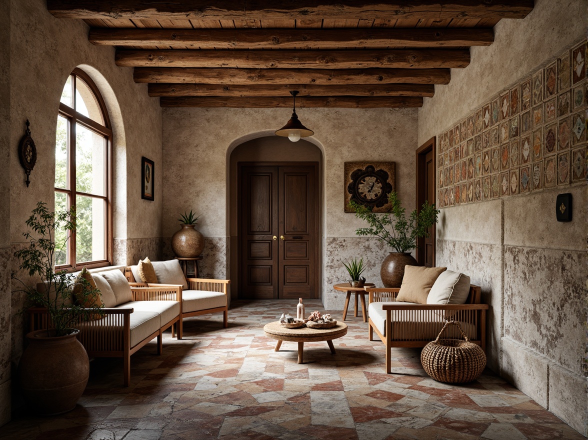 Prompt: Rough stone walls, rustic wooden planks, distressed metal sheets, vintage brick facades, ornate ceramic tiles, intricate mosaic patterns, natural fiber textiles, woven rattan furniture, earthy color palette, warm ambient lighting, shallow depth of field, 3/4 composition, realistic textures, ambient occlusion.