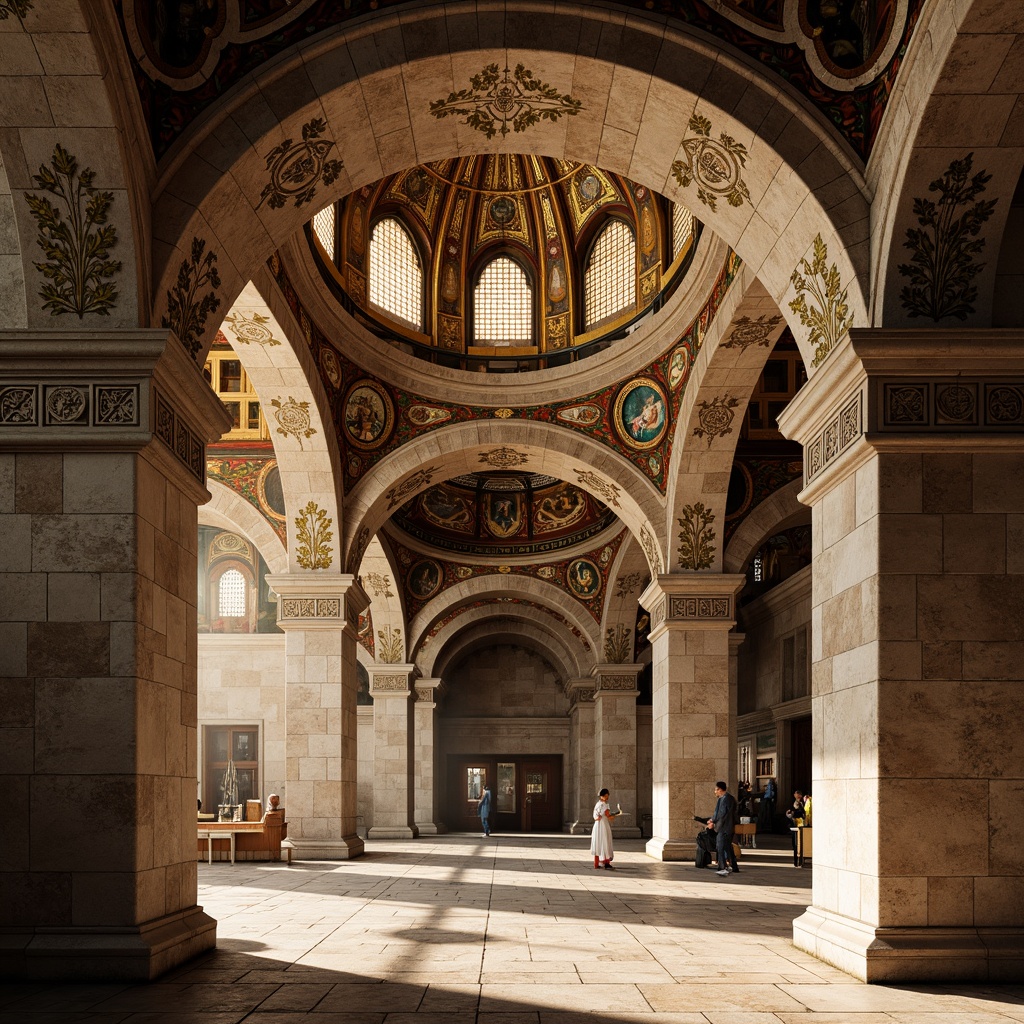 Prompt: Intricate stone carvings, ornate arches, grand domes, golden mosaics, vibrant frescoes, rustic brick patterns, ornamental columns, elaborate capitals, Byzantine-inspired ornaments, richly textured stonework, warm earthy tones, soft diffused lighting, high contrast shadows, detailed architectural renderings, realistic stone textures, atmospheric perspective.