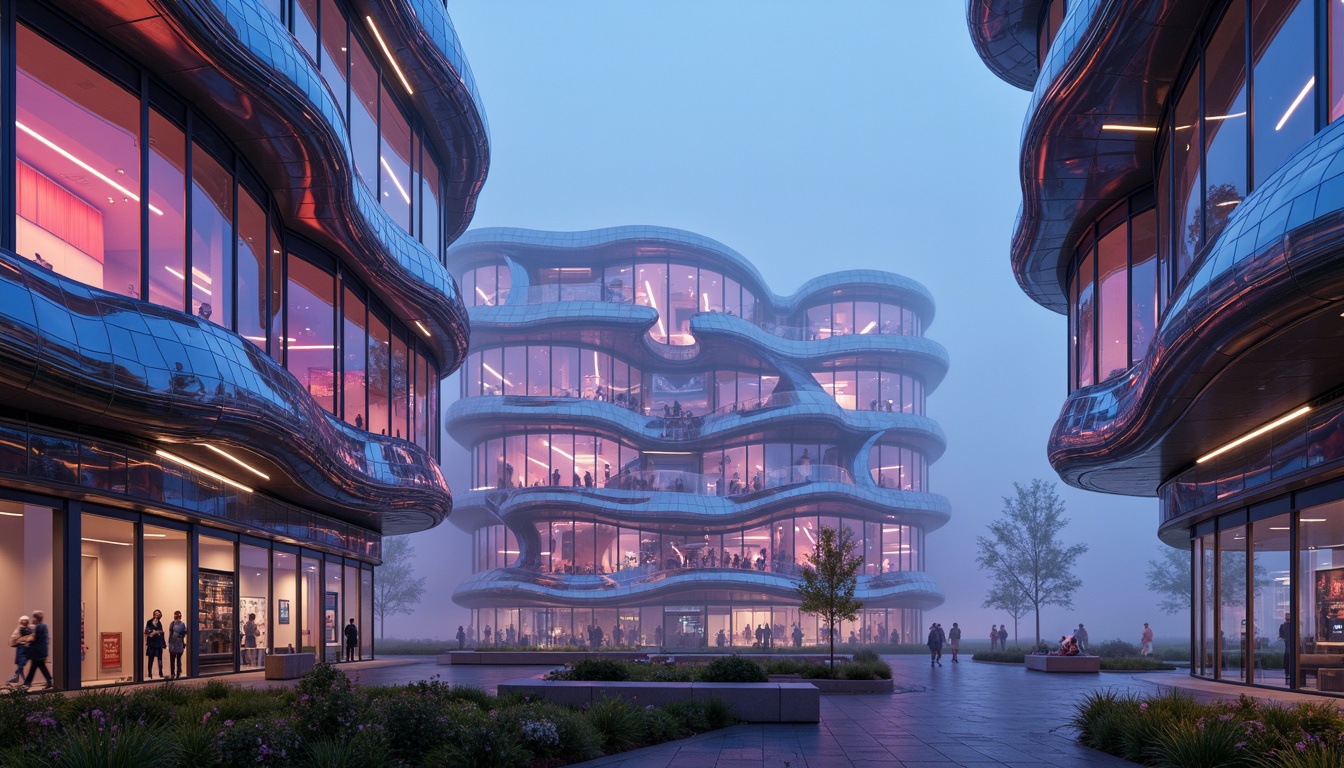 Prompt: Organic blob-shaped buildings, iridescent colors, translucent materials, undulating curves, futuristic architecture, glowing neon lights, dynamic LED displays, parametric design, algorithmic patterns, fractal geometry, 3D-printed components, metallic meshes, holographic projections, misty atmosphere, foggy background, shallow depth of field, 1/1 composition, cinematic view, realistic reflections, ambient occlusion.