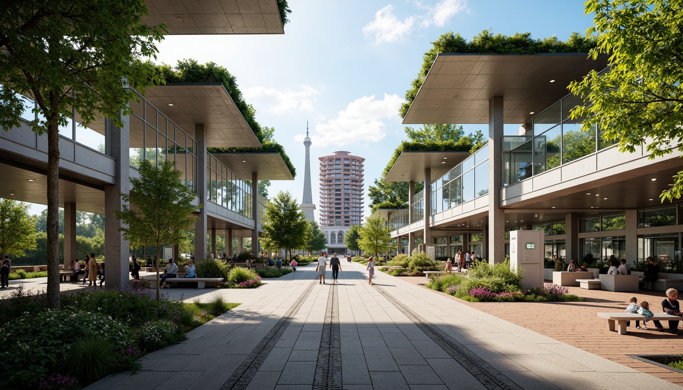 Prompt: Vibrant train station, modern architecture, green roofs, lush vegetation, natural light, airy atmosphere, elevated platforms, sleek metal structures, glass canopies, minimalistic design, efficient circulation paths, convenient amenities, comfortable seating areas, informative signage systems, panoramic views, shallow depth of field, 3/4 composition, warm color palette, soft lighting effects, ambient occlusion, realistic textures.