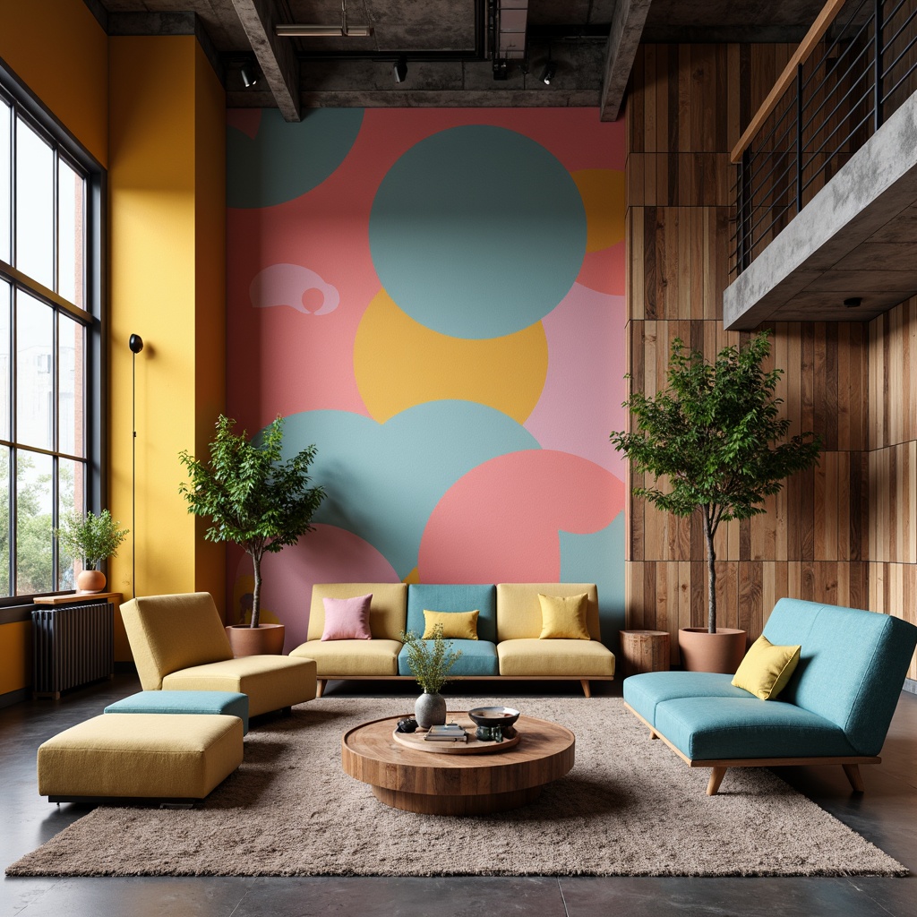 Prompt: Vibrant modern interior, sleek furniture, bold accent walls, pastel hues, monochromatic scheme, natural textures, reclaimed wood accents, industrial chic, urban loft atmosphere, atmospheric lighting, dramatic shadows, 3/4 composition, cinematic mood, realistic renderings.