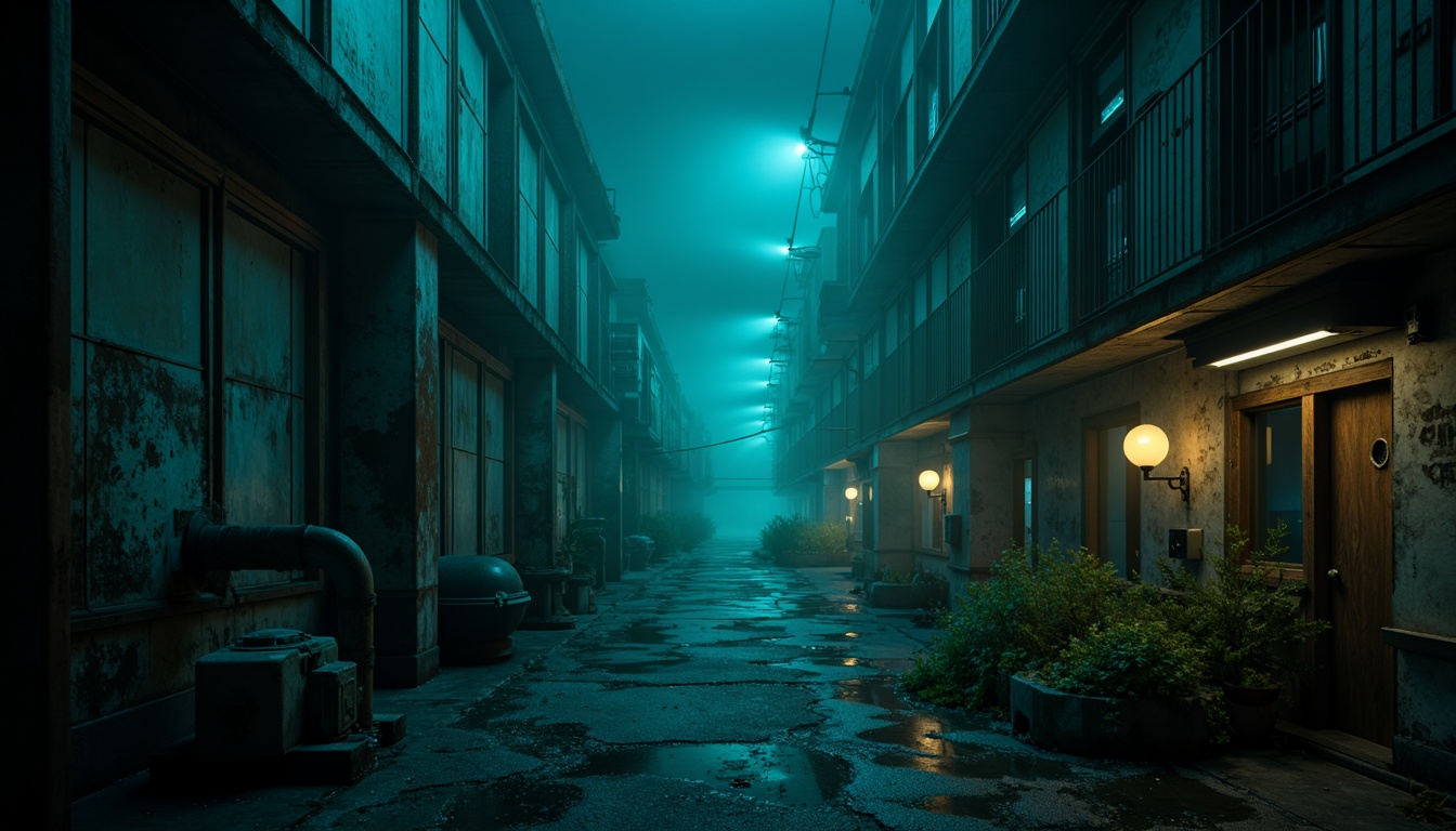 Prompt: Dark cyan mysterious atmosphere, eerie glowing accents, foggy misty environment, abandoned industrial architecture, rusty metallic structures, worn concrete walls, dimly lit corridors, flickering fluorescent lights, old machinery equipment, distressed textures, grimy urban alleys, nocturnal cityscape, dark waters, murky reflections, moody lighting, shallow depth of field, cinematic composition, high contrast ratio, ominous mood.