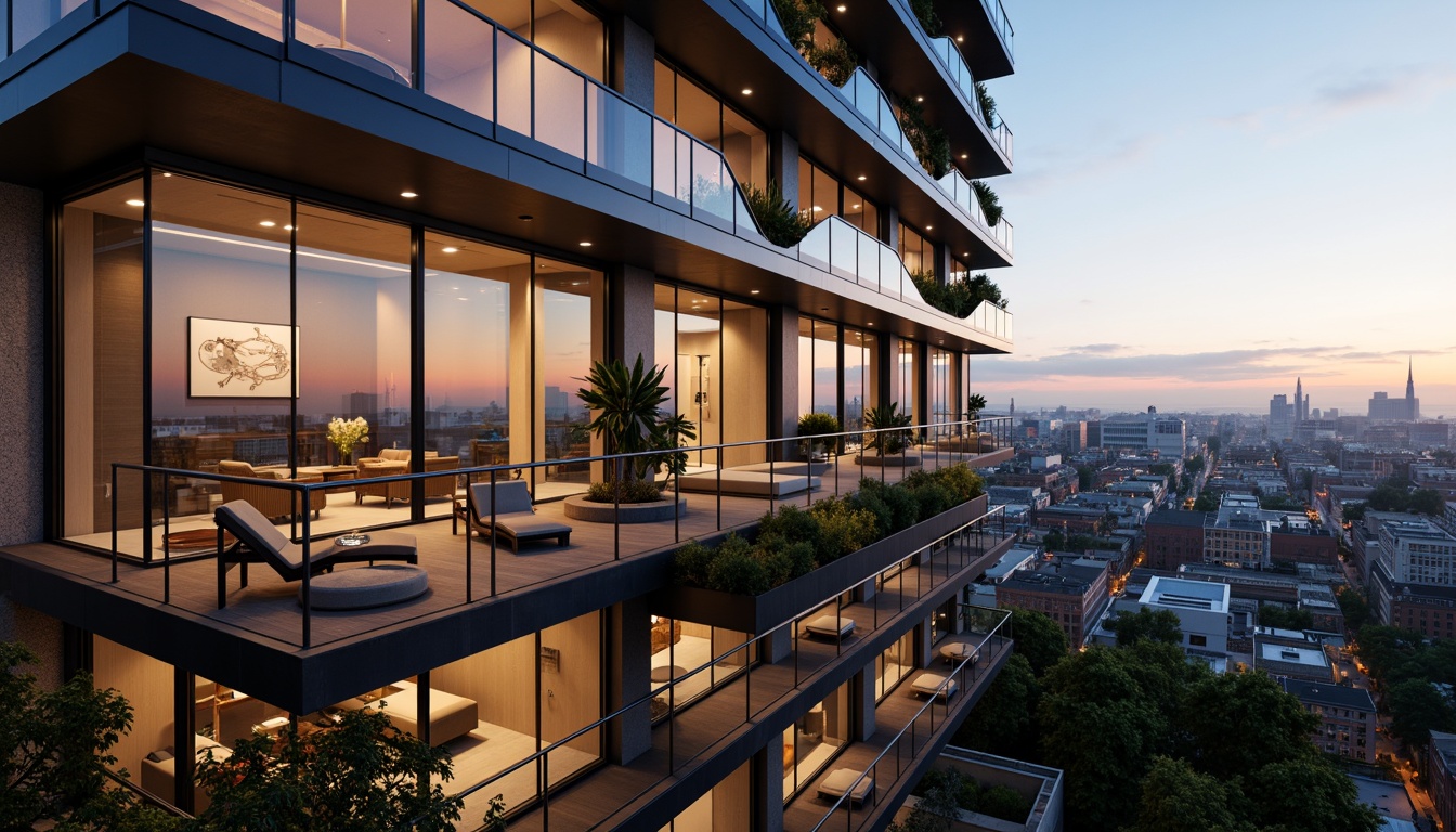 Prompt: Luxurious penthouse, sleek modern facade, cantilevered balconies, floor-to-ceiling windows, minimalist railings, polished chrome accents, bold geometric patterns, contrasting textures, urban cityscape views, atmospheric twilight, warm golden lighting, shallow depth of field, 1/2 composition, panoramic view, realistic reflections, ambient occlusion.