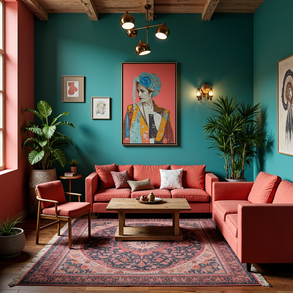 Prompt: Vibrant eclectic interior, rich turquoise walls, bold coral accents, distressed wood furniture, vintage velvet upholstery, ornate gold lighting fixtures, abstract artwork, mixed metallic tones, textured rugs, bohemian patterns, earthy terracotta pots, lush greenery, warm ambient lighting, shallow depth of field, 1/2 composition, realistic textures.