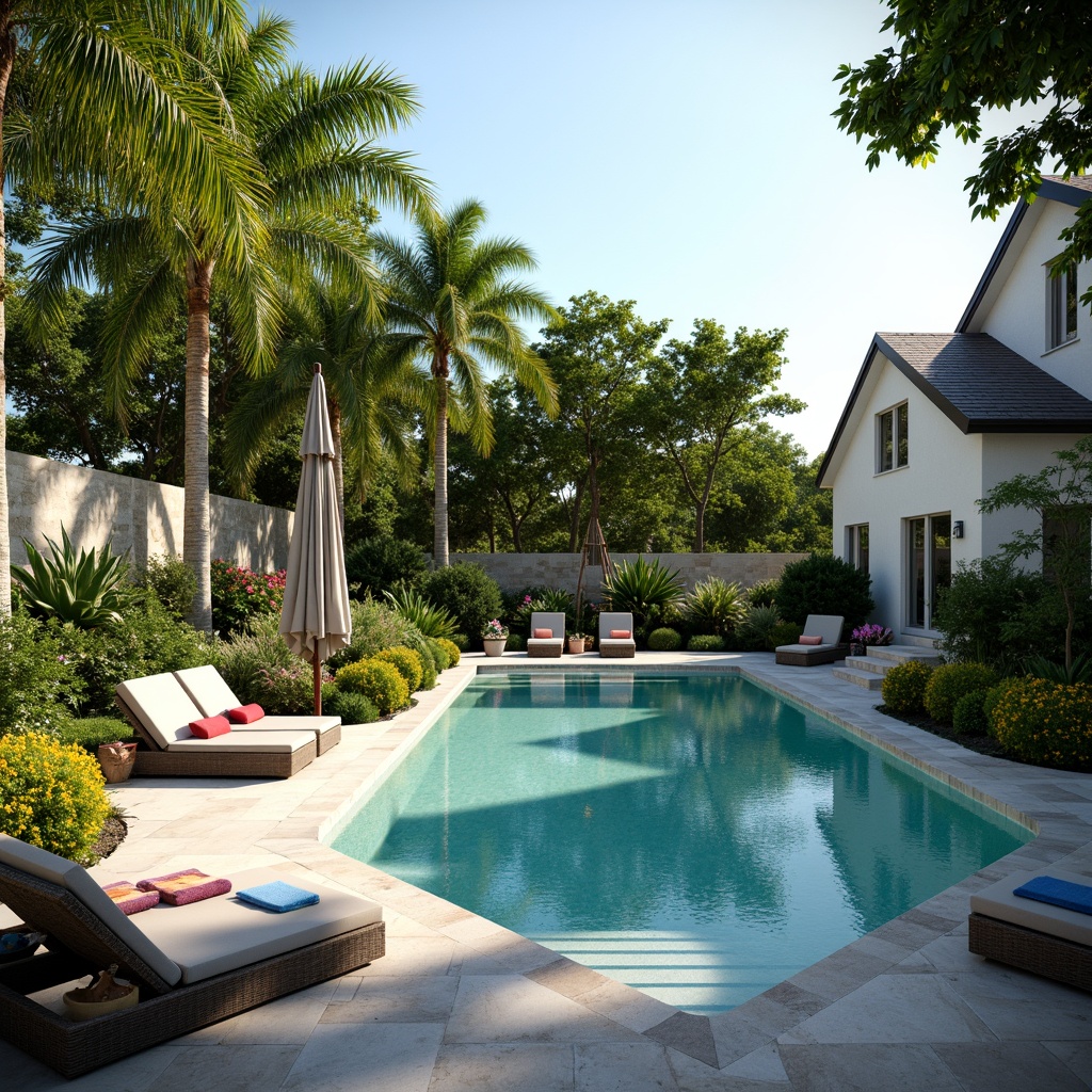 Prompt: Tranquil backyard oasis, lush greenery, natural stone walls, infinity pool edge, crystal clear water, sun loungers, pool deck chairs, colorful towels, tropical palm trees, blooming flowers, warm sunny day, soft gentle lighting, shallow depth of field, 3/4 composition, panoramic view, realistic textures, ambient occlusion, serene ambiance, outdoor sound effects, bird songs, waterfall sounds.