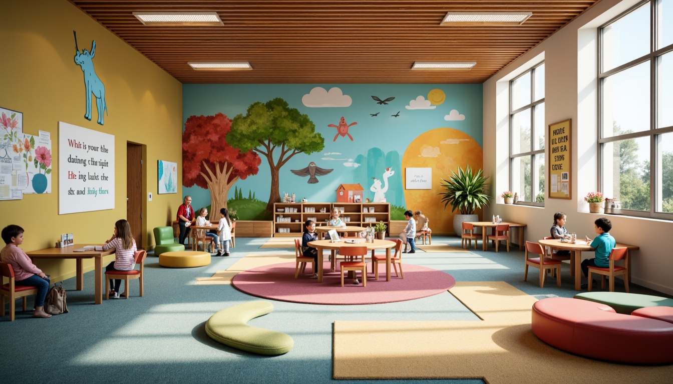 Prompt: Vibrant educational institute, playful kindergarten, bright colors, cheerful murals, interactive whiteboards, ergonomic furniture, cozy reading nooks, collaborative workspaces, inspirational quotes, motivational posters, soft carpet flooring, natural wood accents, abundant daylight, warm ambient lighting, 1/2 composition, shallow depth of field, realistic textures, subtle reflections.