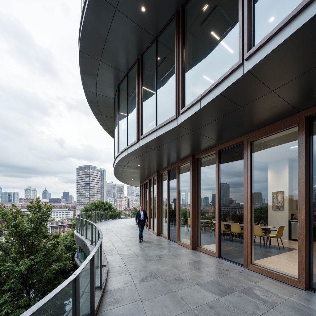 Prompt: Sleek modern building, curved lines, metallic frames, floor-to-ceiling windows, sliding glass doors, minimalist decor, urban cityscape, cloudy sky, soft diffused light, shallow depth of field, 1/1 composition, panoramic view, realistic reflections, ambient occlusion, industrial materials, stainless steel accents, polished concrete floors, geometric patterns, monochromatic color scheme, innovative solar panels, energy-efficient systems.