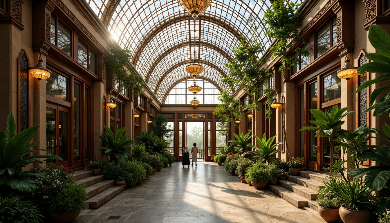 Prompt: Art Deco greenhouse, ornate metal framework, geometric patterns, vibrant stained glass, luxurious botanicals, exotic plants, intricately carved wooden doors, ornamental ironwork, symmetrical compositions, grand entranceways, sweeping curves, opulent chandeliers, polished marble floors, lush greenery, tropical ambiance, warm golden lighting, shallow depth of field, 1/2 composition, soft focus, realistic textures.