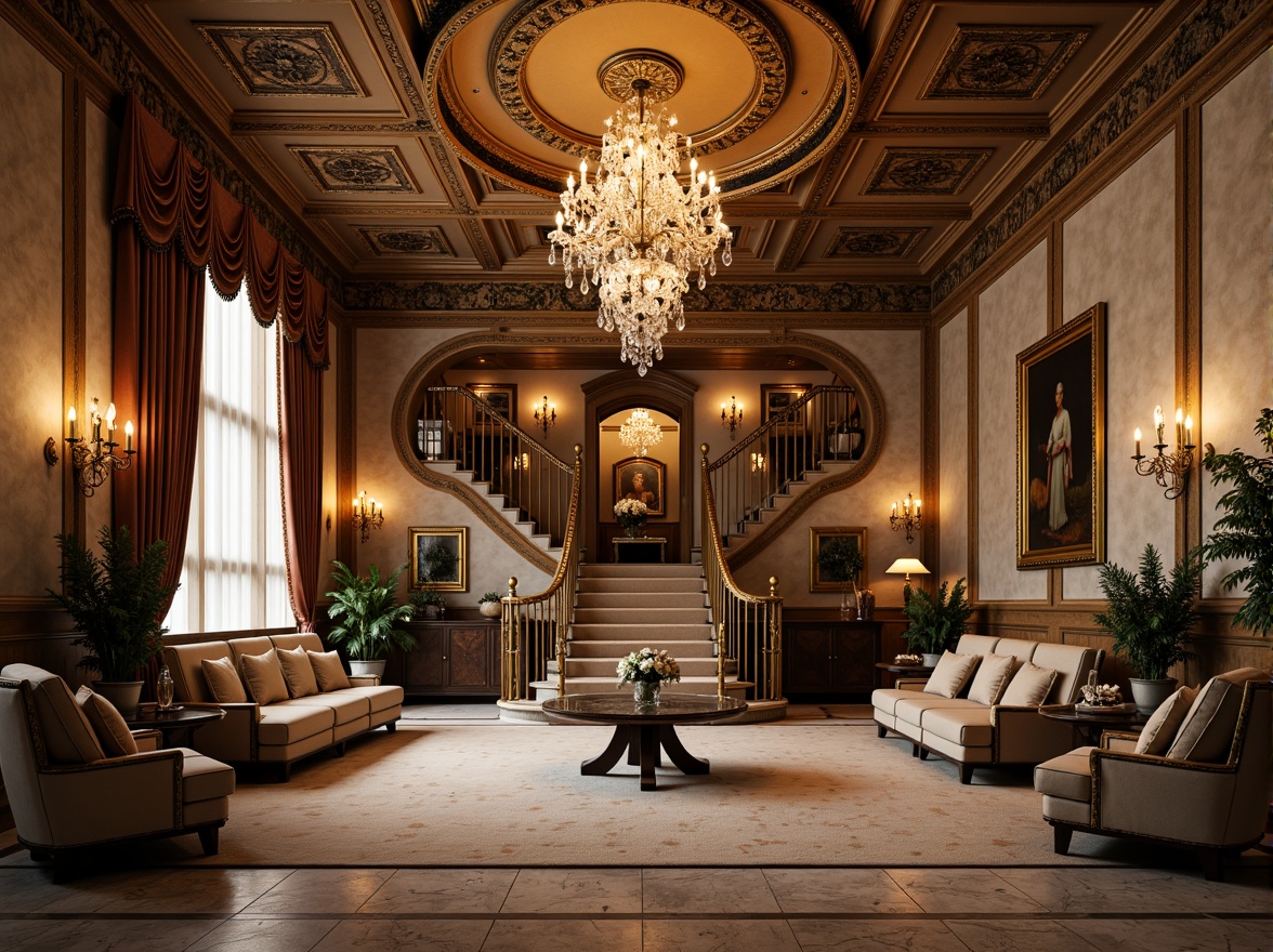 Prompt: Luxurious mansion, grandiose facade, ornate stone carvings, intricate ironwork, sweeping staircases, crystal chandeliers, lavish furnishings, velvet drapes, gilded frames, marble floors, high ceilings, regal atmosphere, warm golden lighting, soft focus, shallow depth of field, 1/2 composition, cinematic view, highly detailed textures, ambient occlusion.