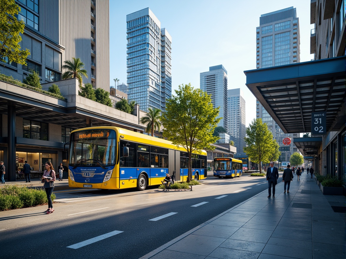 Prompt: Vibrant bus station, urban cityscape, modern architecture, bold color scheme, bright yellow accents, deep blue tones, sleek metal structures, glass roofs, neon signage, bustling atmosphere, morning commute, natural light pouring in, shallow depth of field, 1/1 composition, realistic textures, ambient occlusion.