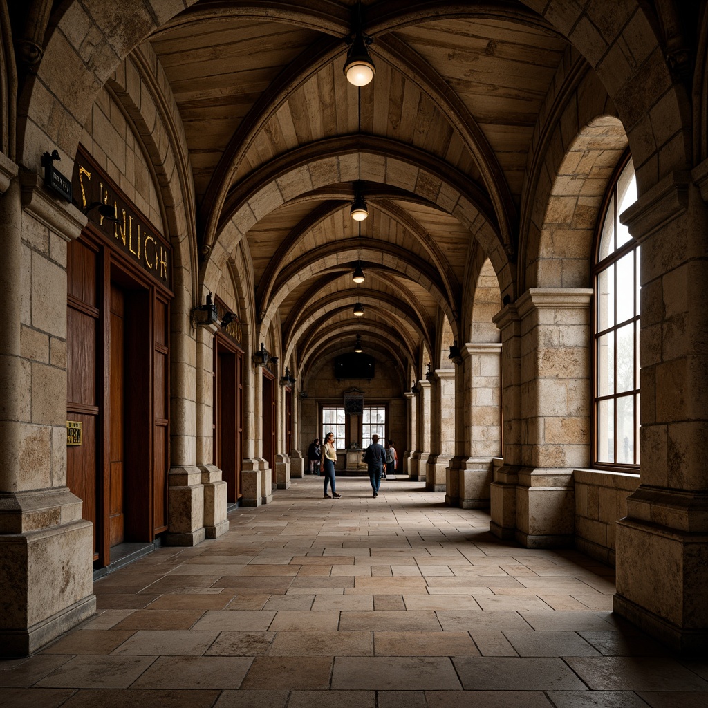 Prompt: Rustic metro station, Romanesque style architecture, stone masonry walls, arched windows, ribbed vaults, grand entrance halls, ornate columns, intricate carvings, earthy tone color palette, dimly lit atmosphere, warm ambient lighting, shallow depth of field, 1/1 composition, symmetrical framing, realistic textures, ambient occlusion.