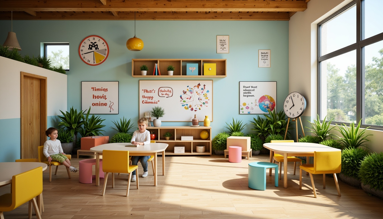 Prompt: Vibrant kindergarten, playful learning zones, bright color blocks, interactive whiteboards, rounded desks, ergonomic chairs, inspirational quotes, motivational posters, natural wood accents, green walls, stimulating lighting, shallow depth of field, 1/1 composition, realistic textures, ambient occlusion.