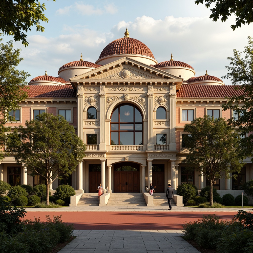 Prompt: Byzantine-inspired gymnasium facade, ornate stone carvings, golden domes, intricate mosaics, grand archways, columnar structures, red roof tiles, rustic brick walls, medieval-style windows, heavy wooden doors, athletic track fields, greenery surroundings, morning sunlight, warm golden lighting, shallow depth of field, 1/1 composition, symmetrical view, realistic textures, ambient occlusion.