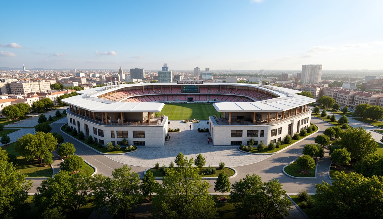 Prompt: \Stadium design, natural ventilation systems, large arches, open facades, wind towers, clerestory windows, solar chimneys, evaporative cooling systems, green roofs, lush vegetation, urban landscape, clear blue sky, warm sunny day, shallow depth of field, 1/1 composition, panoramic view, realistic textures, ambient occlusion.\