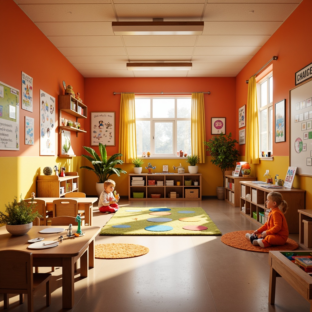 Prompt: Vibrant kindergarten classroom, warm orange walls, playful wooden furniture, colorful rugs, educational posters, engaging toys, soft cushions, natural light pouring in, bright yellow accents, creative art stations, interactive whiteboards, cozy reading nooks, energetic play areas, whimsical ceiling decorations, stimulating texture combinations, inviting corner spaces, 1/2 composition, shallow depth of field, realistic renderings, ambient occlusion.