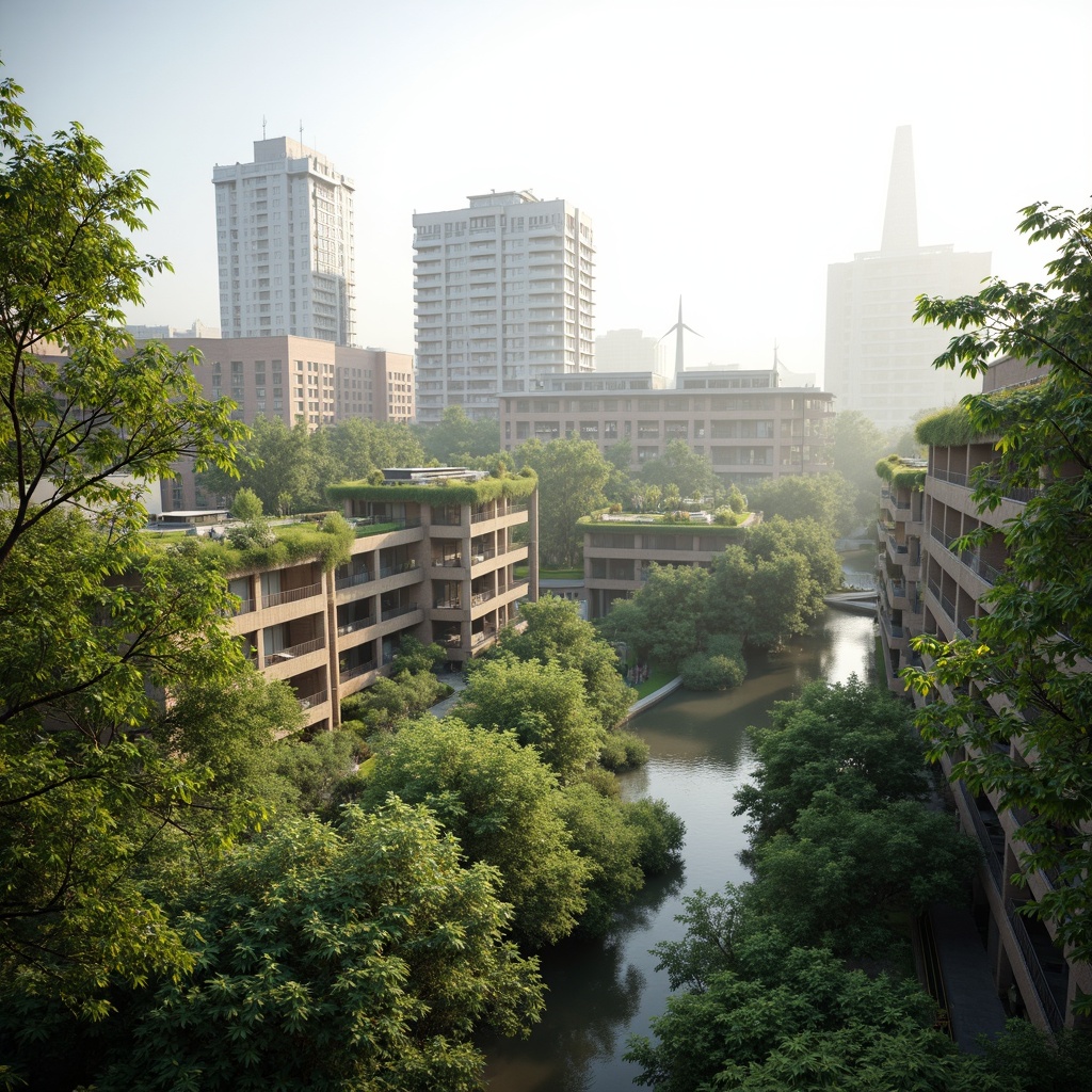 Prompt: Eco-friendly buildings, green roofs, solar panels, wind turbines, rainwater harvesting systems, recycled materials, low-carbon footprint, energy-efficient systems, natural ventilation, passive design strategies, organic shapes, bamboo structures, living walls, urban gardens, vibrant flora, misty atmosphere, soft diffused lighting, shallow depth of field, 1/1 composition, panoramic view, realistic textures, ambient occlusion.