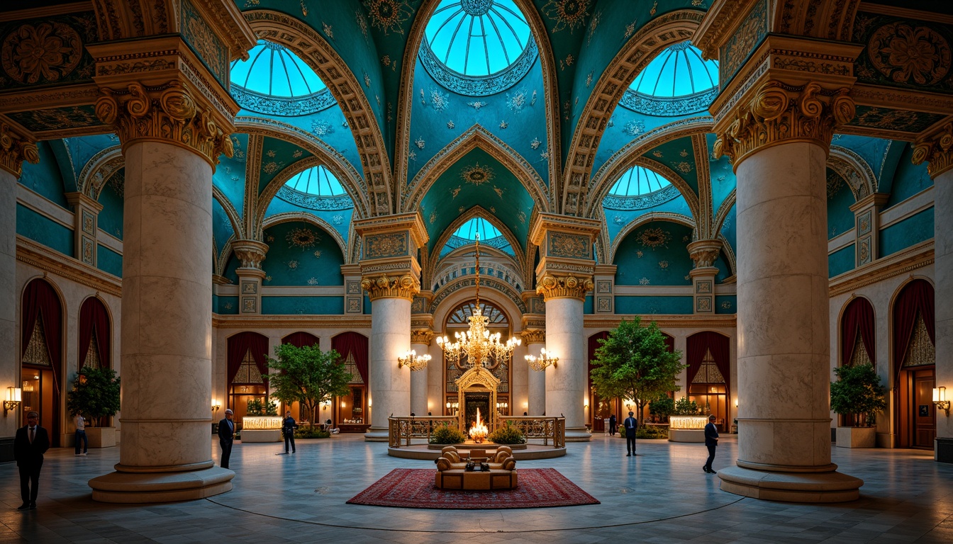 Prompt: Majestic Prussian blue-domed buildings, ornate golden accents, intricate Islamic geometric patterns, vibrant turquoise mosaics, grandiose archways, majestic columns, luxurious velvet drapes, regal throne-like furniture, mysterious lantern lighting, warm candle glow, shallow depth of field, 1/2 composition, symmetrical framing, high contrast ratio, realistic reflections, ambient occlusion.