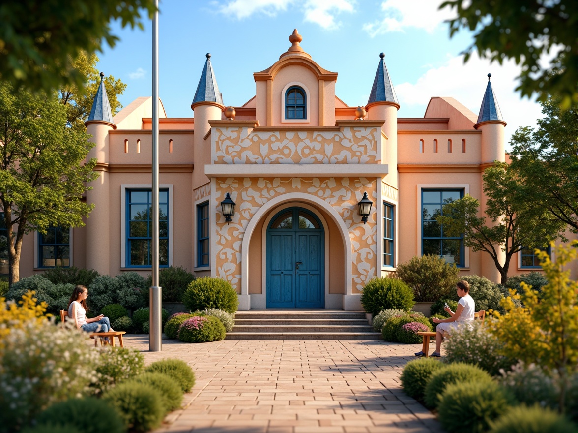 Prompt: Whimsical elementary school, playful turrets, ornate stone carvings, vibrant flower-patterned walls, delicate ironwork, soft pastel colors, intricate wooden doors, romantic-era inspired architecture, lush greenery, blooming flowers, sunny afternoon, warm golden lighting, shallow depth of field, 1/2 composition, intimate close-up shots, realistic textures, ambient occlusion.