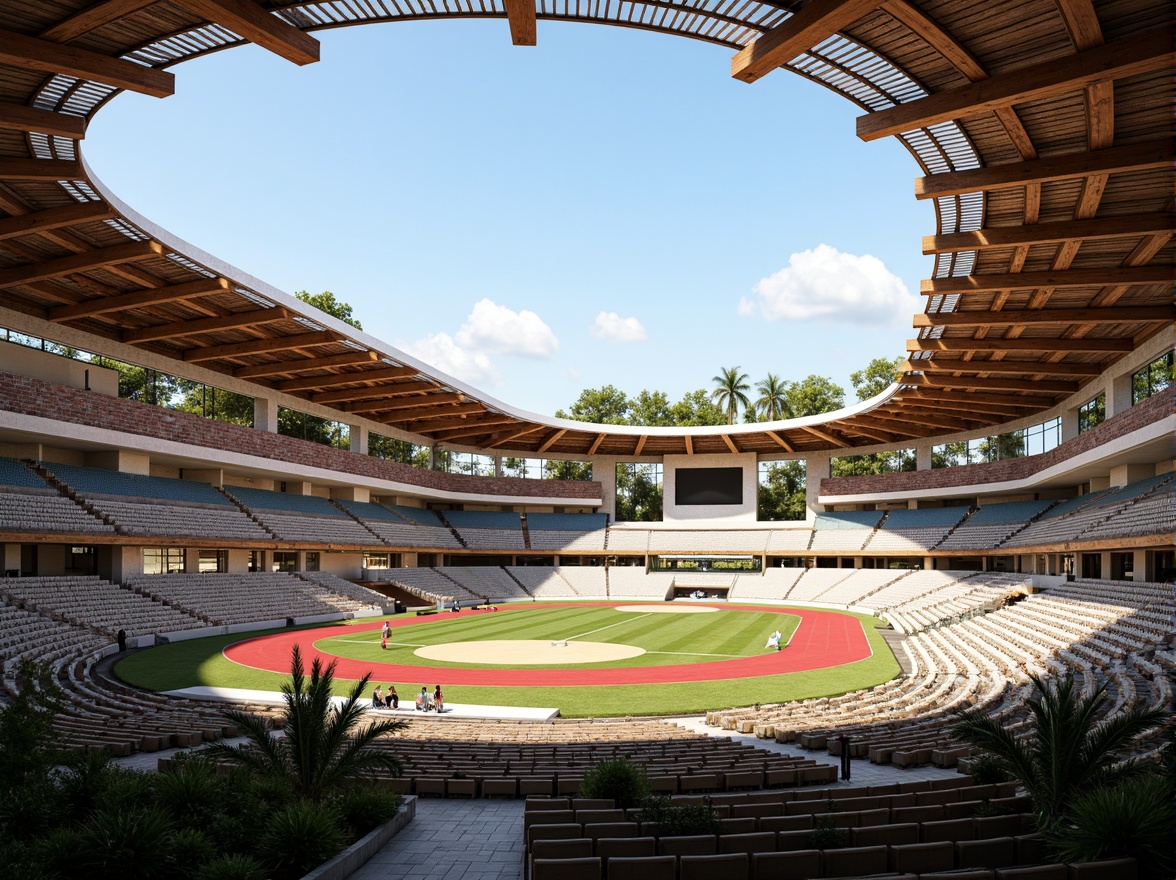 Prompt: Traditional stadium, curved lines, earthy tones, natural stone fa\u00e7ades, wooden accents, rustic textures, regional patterns, cultural heritage, local materials, exposed brick walls, corrugated metal roofs, vibrant color schemes, dynamic lighting systems, tiered seating areas, athletic tracks, scoreboard displays, lush greenery, palm trees, sunny day, warm ambient lighting, shallow depth of field, 1/2 composition, realistic textures, ambient occlusion.