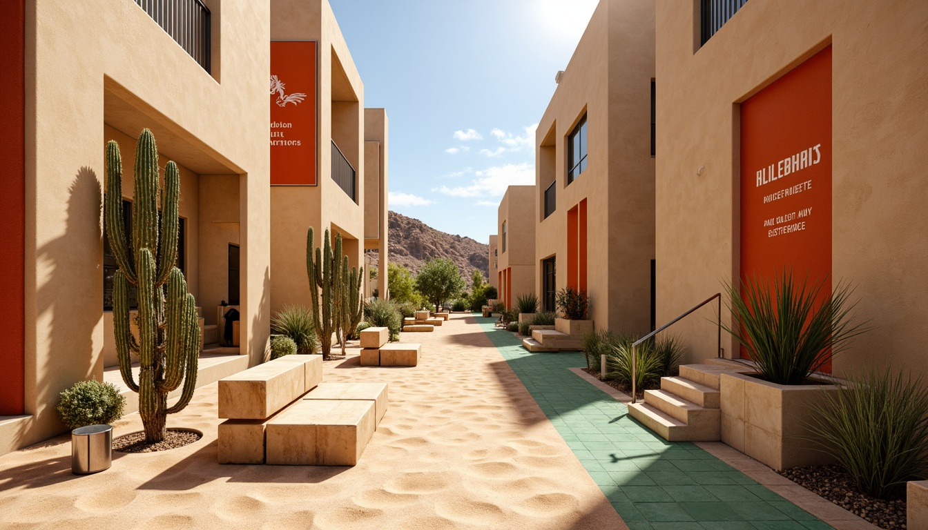 Prompt: Warm beige walls, sandy dune-inspired flooring, terracotta red accents, turquoise glass tiles, sun-bleached wood benches, cactus-green columns, metallic silver railings, vibrant orange signage, natural stone textures, soft warm lighting, shallow depth of field, 3/4 composition, panoramic view, realistic ambient occlusion, desert landscape views, clear blue sky, modern futuristic architecture, sleek lines, minimalist design.