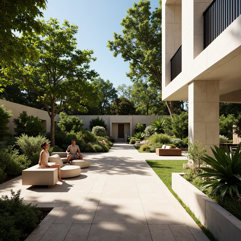 Prompt: Modernist courtyard, sleek stone pavement, lush greenery, abstract sculptures, minimalist water features, angular planters, vibrant tropical plants, geometric patterns, warm sunny day, soft natural lighting, shallow depth of field, 3/4 composition, panoramic view, realistic textures, ambient occlusion.